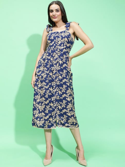Oxolloxo Navy White Floral Print Midi Dress