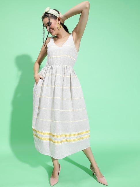 Oxolloxo Grey Cotton Striped Midi Dress-picture-16