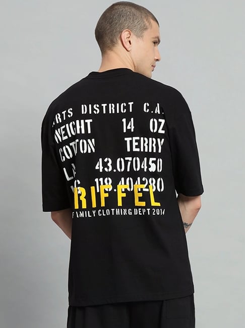 Griffel Black Cotton Loose Fit Printed T-Shirt