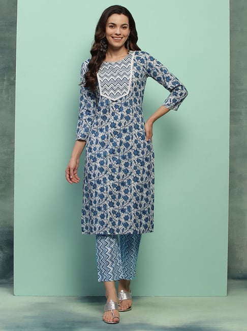 Buy House of Chikankari Cotton Printed Women'S Kurta Set Blue for Women  Online @ Tata CLiQ Luxury