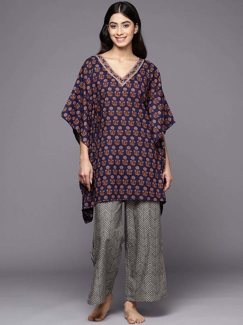 gerua by libas Libas Navy & Grey Cotton Printed Kaftan and Pyjamas Set-picture-19