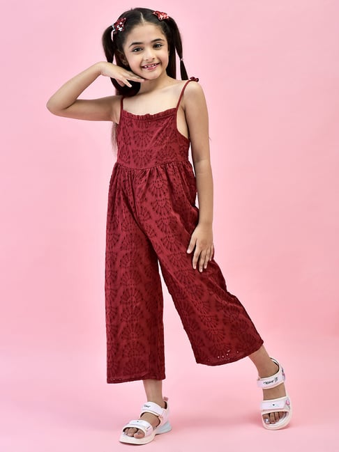 Juniper Girls Maroon Self Design Jumpsuit