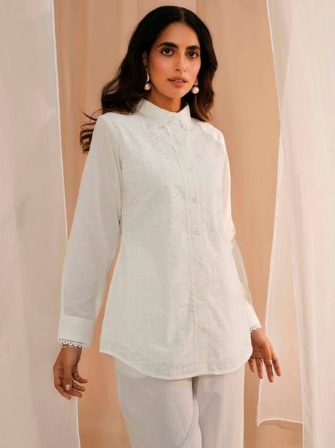 Libas White Cotton Embroidered A Line Short Kurti