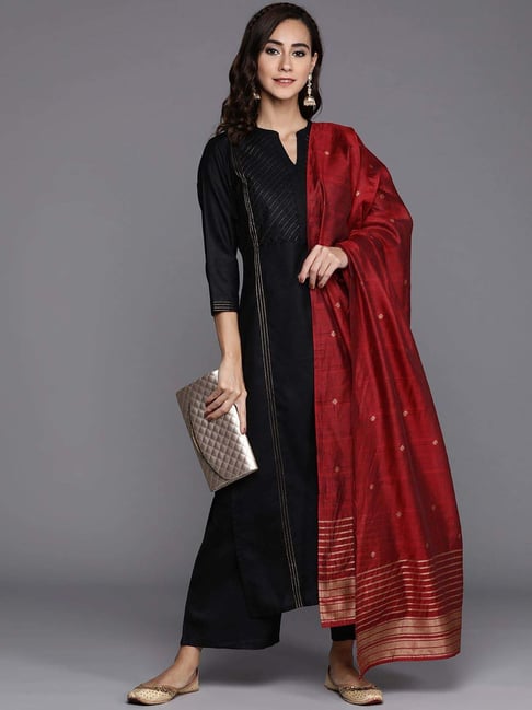 Libas Black Cotton Striped Kurta Palazzo Set With Dupatta