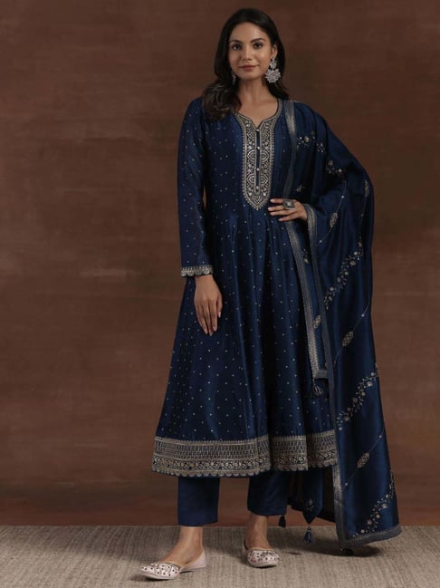 Libas Blue Embroidered Kurta Pant Set With Dupatta