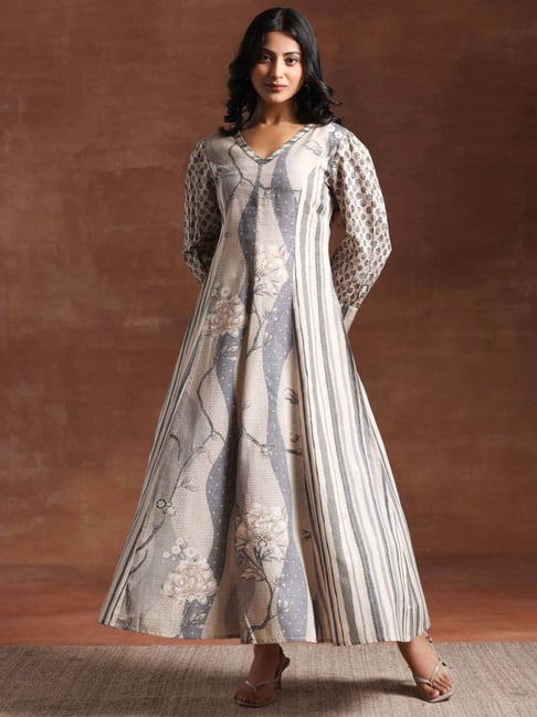 Libas Grey Linen Printed Maxi Dress