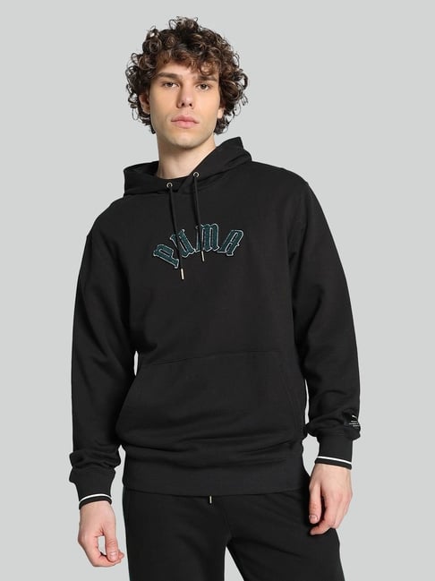 Puma Black Cotton Regular Fit Logo Printed Hooded Sweatshirt
