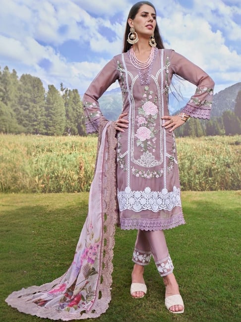Autumnlane Purple Noori Raisin Full Heavy Work Premium Pakistani Kurta with  Pant and Dupatta