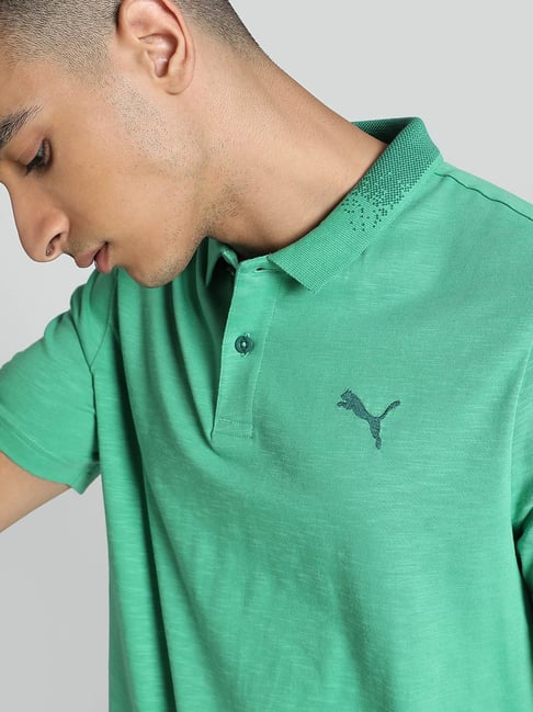 Puma Green Cotton Regular Fit Texture Polo T Shirt