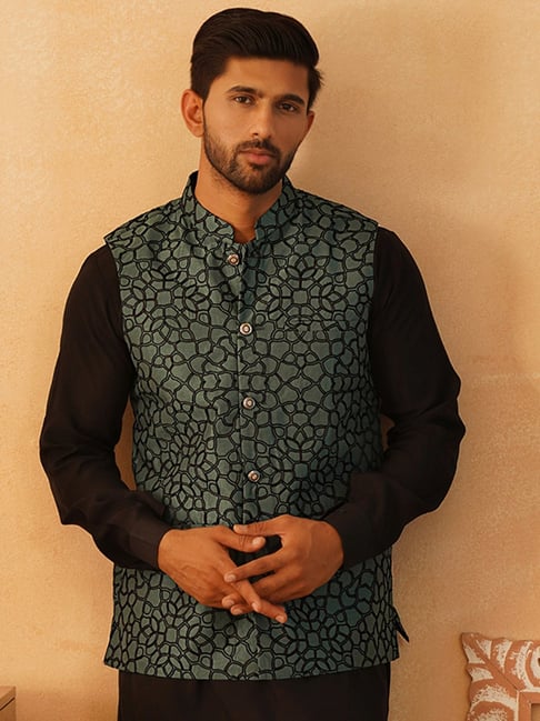 Jompers Teal Green Regular Fit Embroidered Nehru Jacket