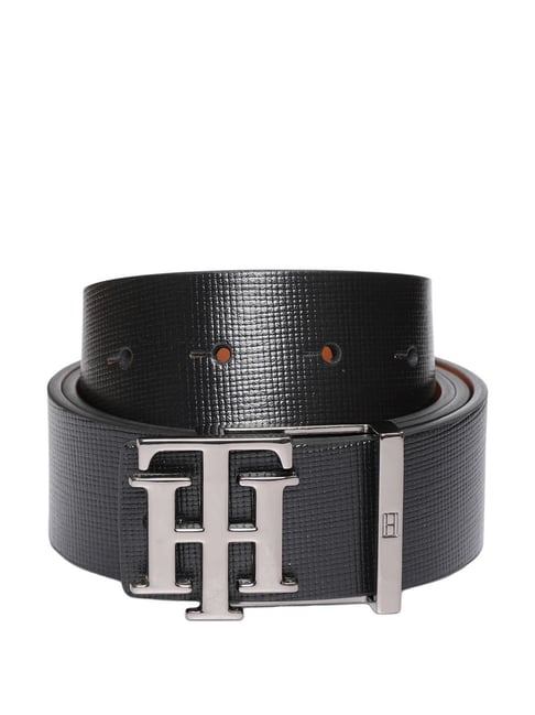 TOMMY HILFIGER Setubal Black Tan Leather Textured Reversible Belt For Men