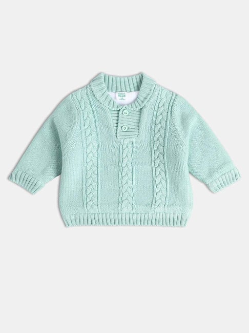 MINIKLUB Boys Mint Green Cotton Solid Full Sleeves Sweater