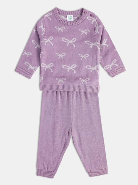 miniklub girls purple cotton printed full sleeves pinny set