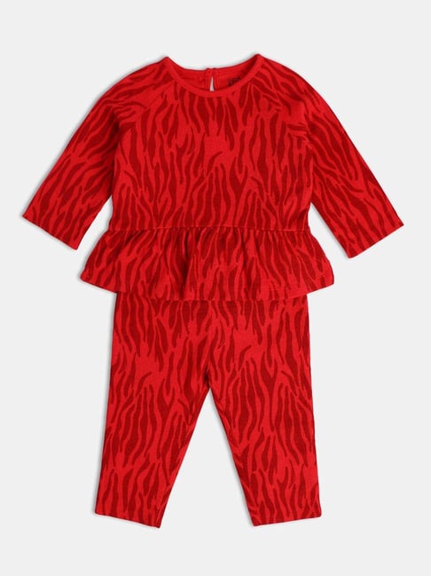 MINIKLUB Girls Red Printed Full Sleeves Top And Bottom