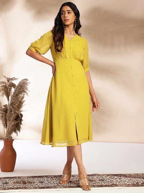 Buy Janasya Yellow Self Pattern A Line Dress for Women Online @ Tata CLiQ