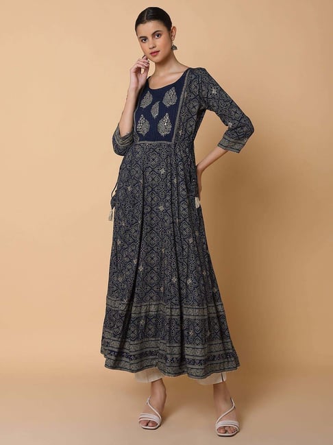 showoffff SHOWOFF Navy Blue Cotton Printed Anarkali Kurta-picture-31