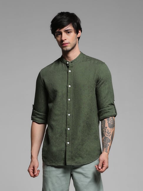 Jack Jones Olive Night Cotton Regular Textured Fabric Shirt