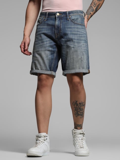 Jack Jones Medium Blue Denim Cotton Regular Denim Shorts