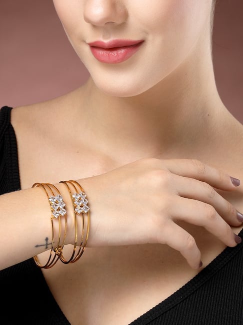 NVR Women's Gold-Plated CZ Stone-Studded Adjustable Bangles - Set of 2-picture-10