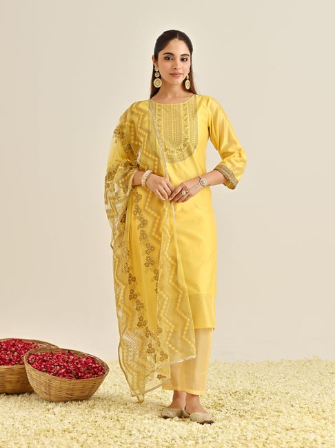 Rustorange Yellow Embroidered Kurta With Pant & Dupatta
