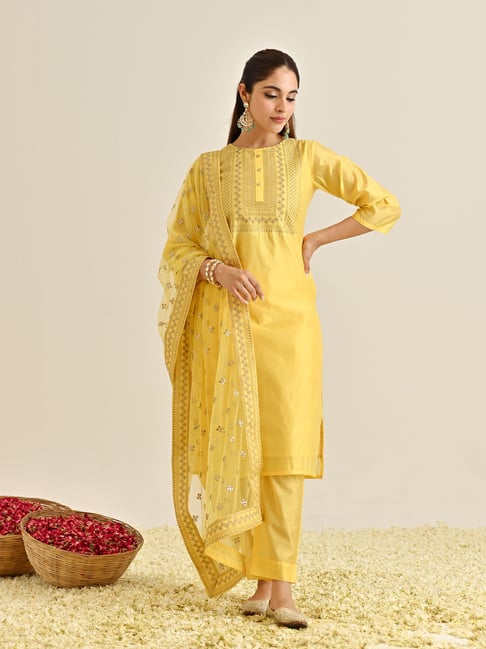 Rustorange Yellow Embroidered Kurta With Pant & Dupatta
