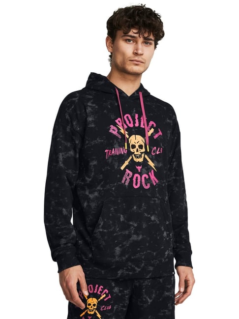 Under Armour Black Cotton Slim Fit Printed Hooded Sweatshirt