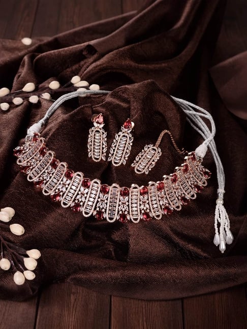 Saraf RS Jewellery Rose Gold Plated Red White AD Studded Choker With Tika  Jewellery Set