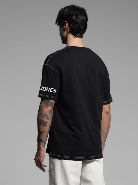 Jack & Jones Jet Black Cotton Drop Shoulder/Boxy Fit Cut & Sew T-Shirt