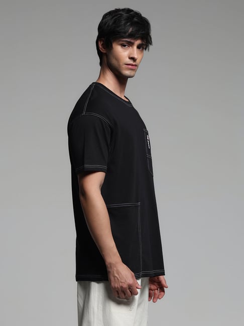 Jack & Jones Jet Black Cotton Drop Shoulder/Boxy Fit Cut & Sew T-Shirt