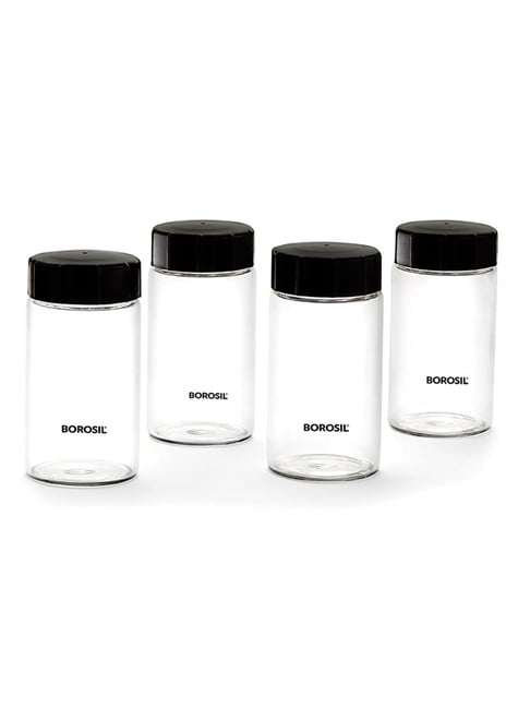 Borosil 250ml 4pc Neo Glass Spice Jar Set with PP Lid Borosilicate Glass  Microwave Safe Storage Set