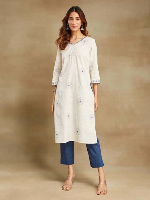 Fabindia White & Blue Cotton Printed Kurta Pant Set