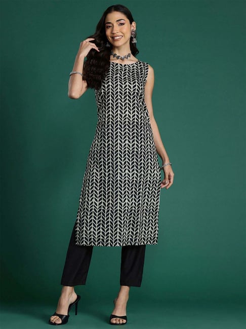 Indo Era Black Cotton Printed Straight Kurta-image-35
