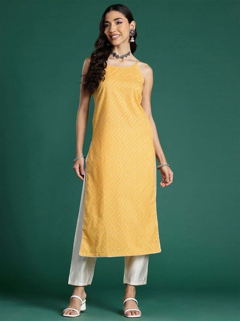 Indo Era Yellow Cotton Printed Straight Kurta-picture-12