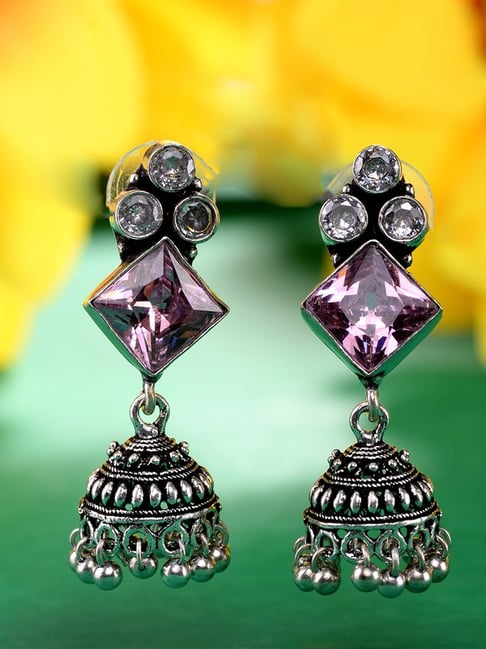 Saraf RS Jewellery Oxidised Pink Stone Jhumki Minimal Earring-picture-43