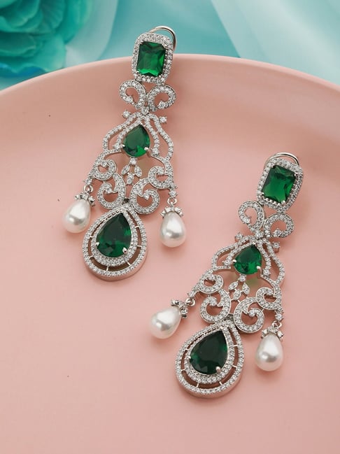 Saraf RS Jewellery Silver Pearl Beaded Chandelier Earrings
