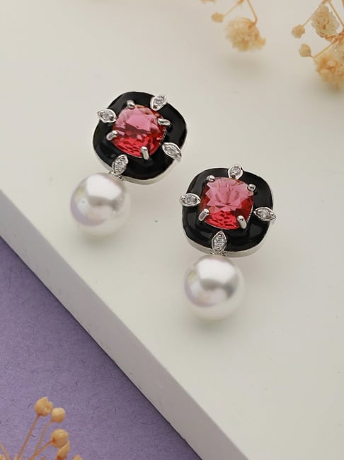 Saraf RS Jewellery Red AD & Pearl Beaded Minimal Statement Studds Earring-picture-24