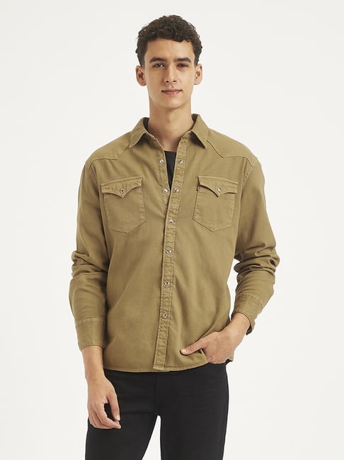 Olive Green Shirt Mens Denim Levi Shirt Levi's Brown Cotton Slim
