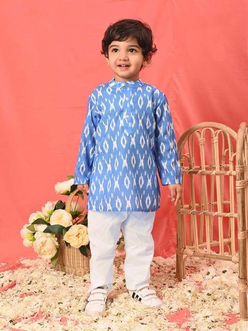 VASTRAMAY Boys Aqua Blue & White Cotton Printed Full Sleeves Kurta Sets