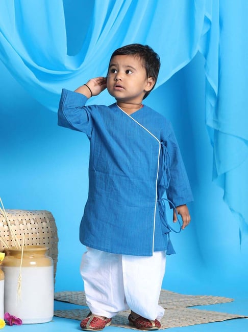 VASTRAMAY Boys Blue & White Cotton Solid Full Sleeves Kurta Sets