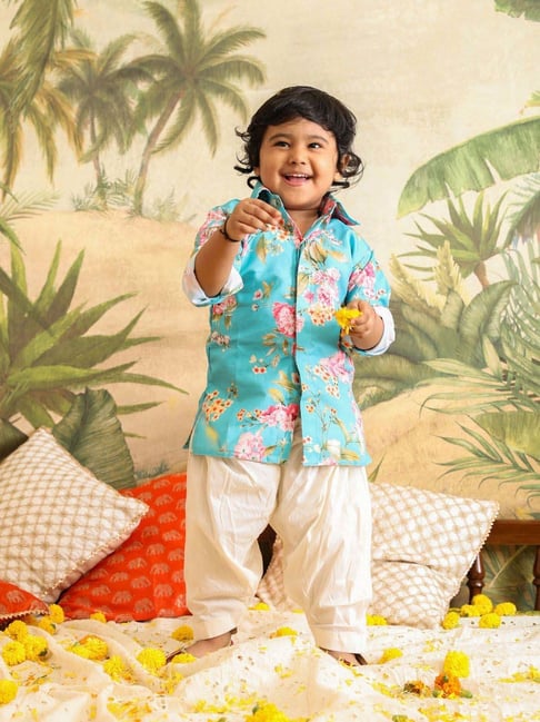 VASTRAMAY Boys Aqua Floral Full Sleeves Kurta Sets
