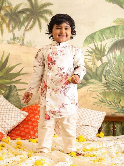VASTRAMAY Boys Cream Floral Full Sleeves Kurta Sets