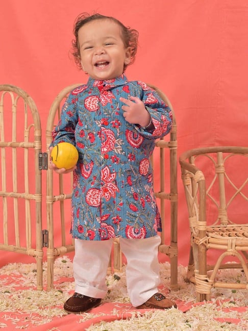 VASTRAMAY Boys Blue & White Floral Full Sleeves Kurta Sets