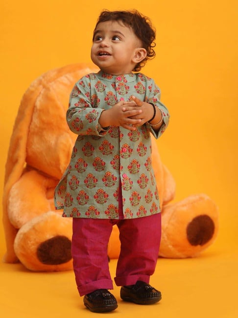 VASTRAMAY Boys Green & Pink Printed Full Sleeves Kurta Sets