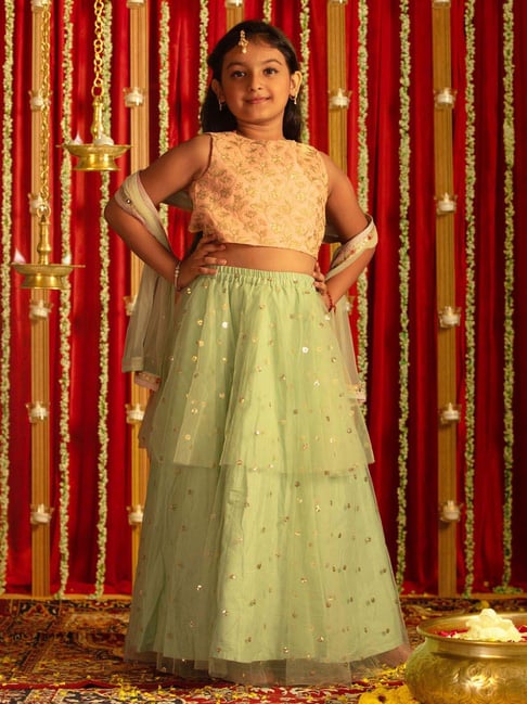 VASTRAMAY Girls Mint Green & Peach Embroidery Lehenga Cholis-picture-20