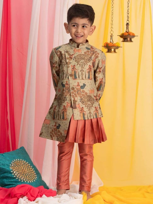 VASTRAMAY Boys Green & Pink Printed Full Sleeves Kurta Sets-picture-14