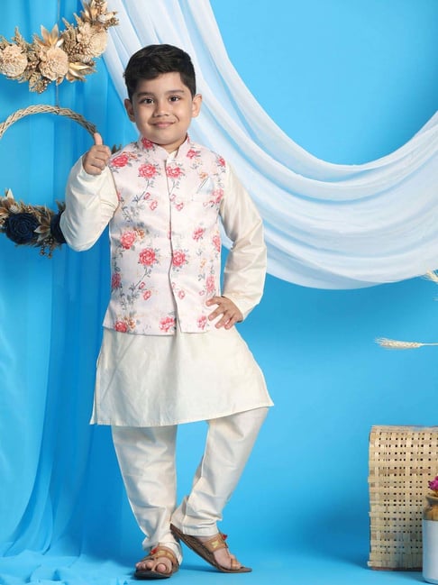 VASTRAMAY Boys Peach & Cream Floral Full Sleeves Kurta Sets-picture-37