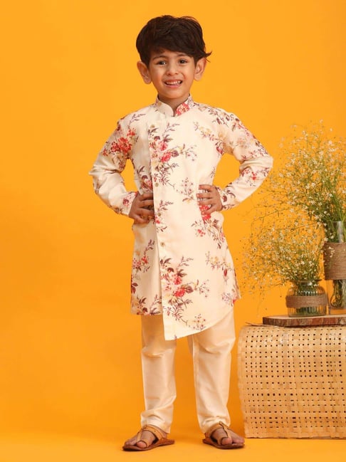 VASTRAMAY Pigiama Kurta Per Bambino In Cotone Seta - Colore Oro, Eleganza Tradizionale