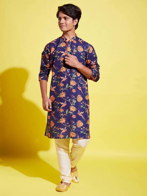 VASTRAMAY Boys Navy & Cream Floral Full Sleeves Kurta Sets-picture-26