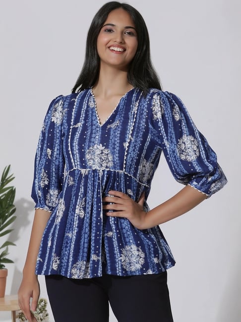 W Blue Printed Top