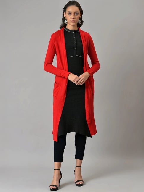 W Red Plain Long Cardigan